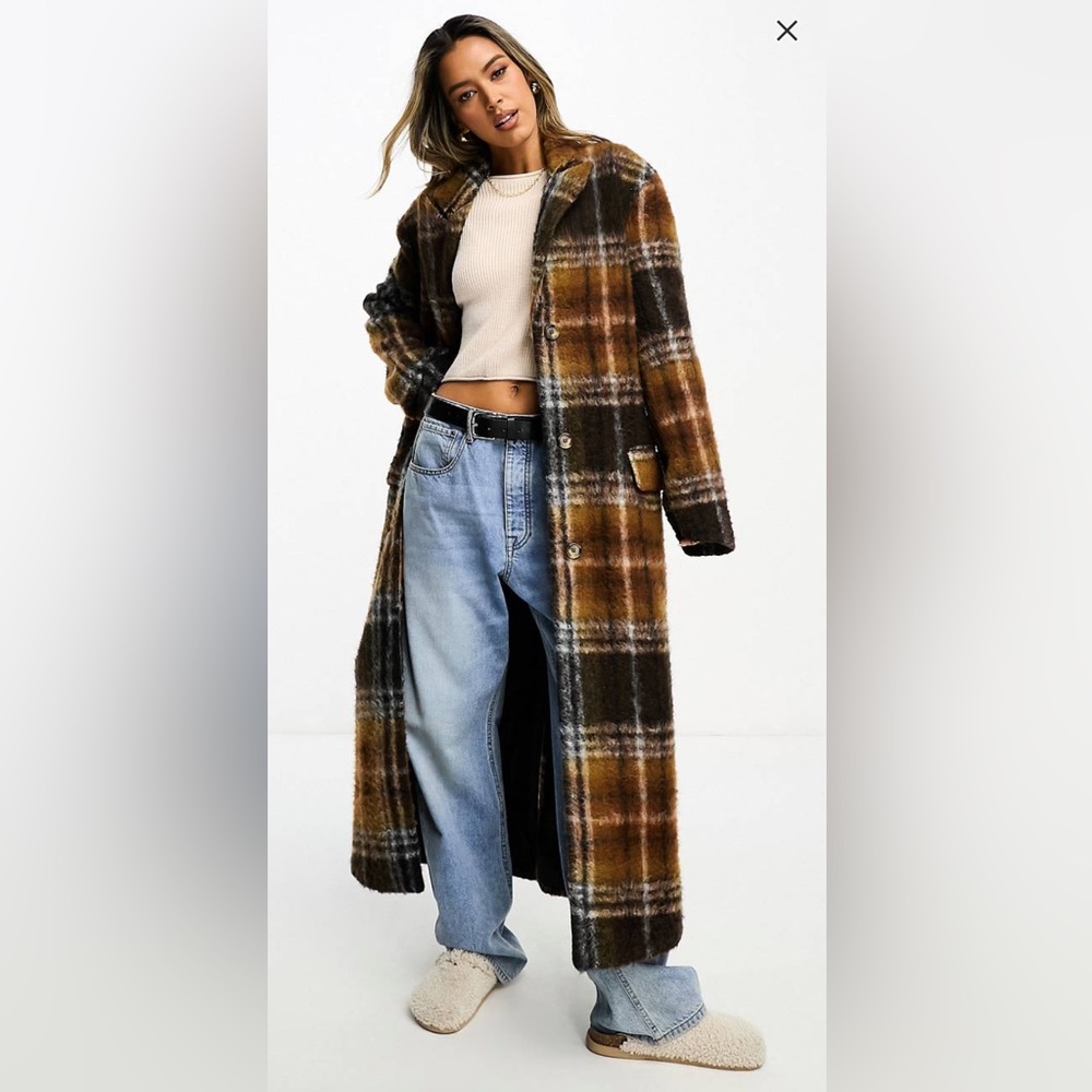 ASOS DESIGN smart dad wool mix coat in brushed check in brown. Size 4